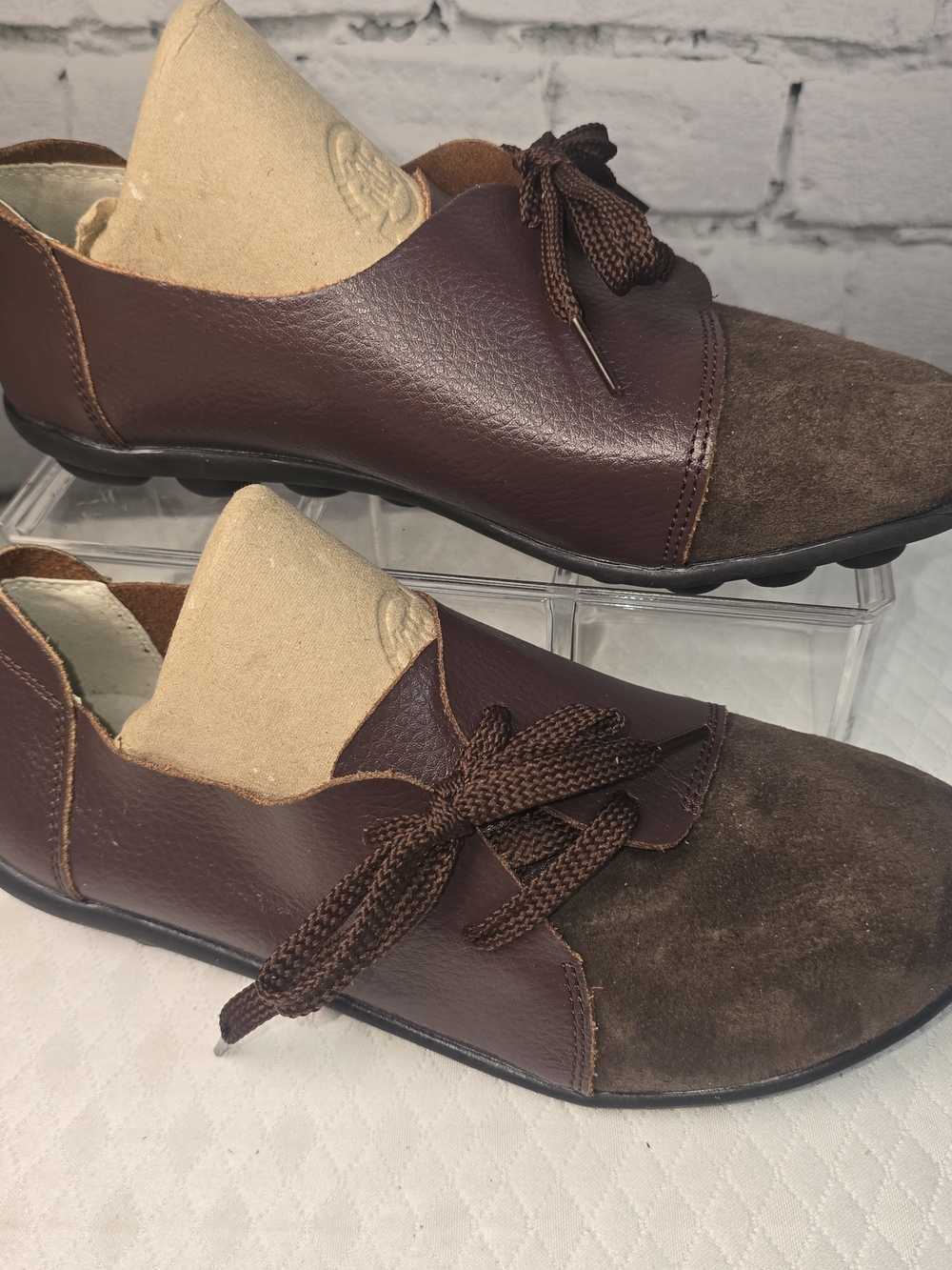WOMENS BROWN LEATHER SUEDE PATCHWORK CASUAL FLAT ASYMETRICAL SIDE LACE-UP 39